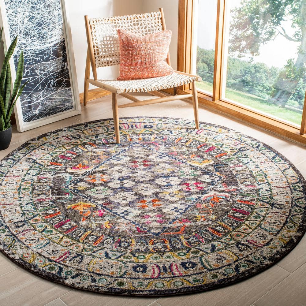79" Round Gray Floral Synthetic Stain-Resistant Area Rug