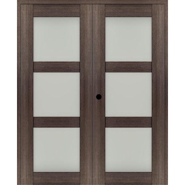 Belldinni Vona 60"x 84" Right Hand Active 3-Lite Frosted Glass Veralinga Oak Wood Composite Double Prehung French Door