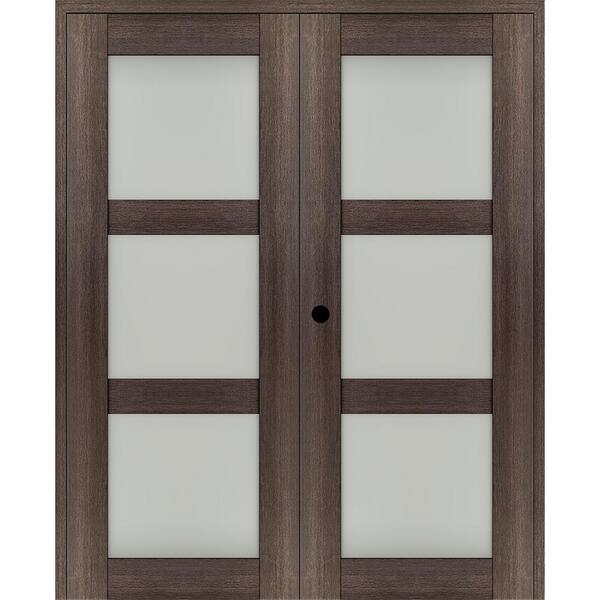 Belldinni Vona 48"x 80" Right Hand Active 3-Lite Frosted Glass Veralinga Oak Wood Composite Double Prehung French Door