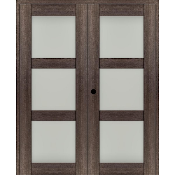 Belldinni Vona 60"x 80" Right Hand Active 3-Lite Frosted Glass Veralinga Oak Wood Composite Double Prehung French Door