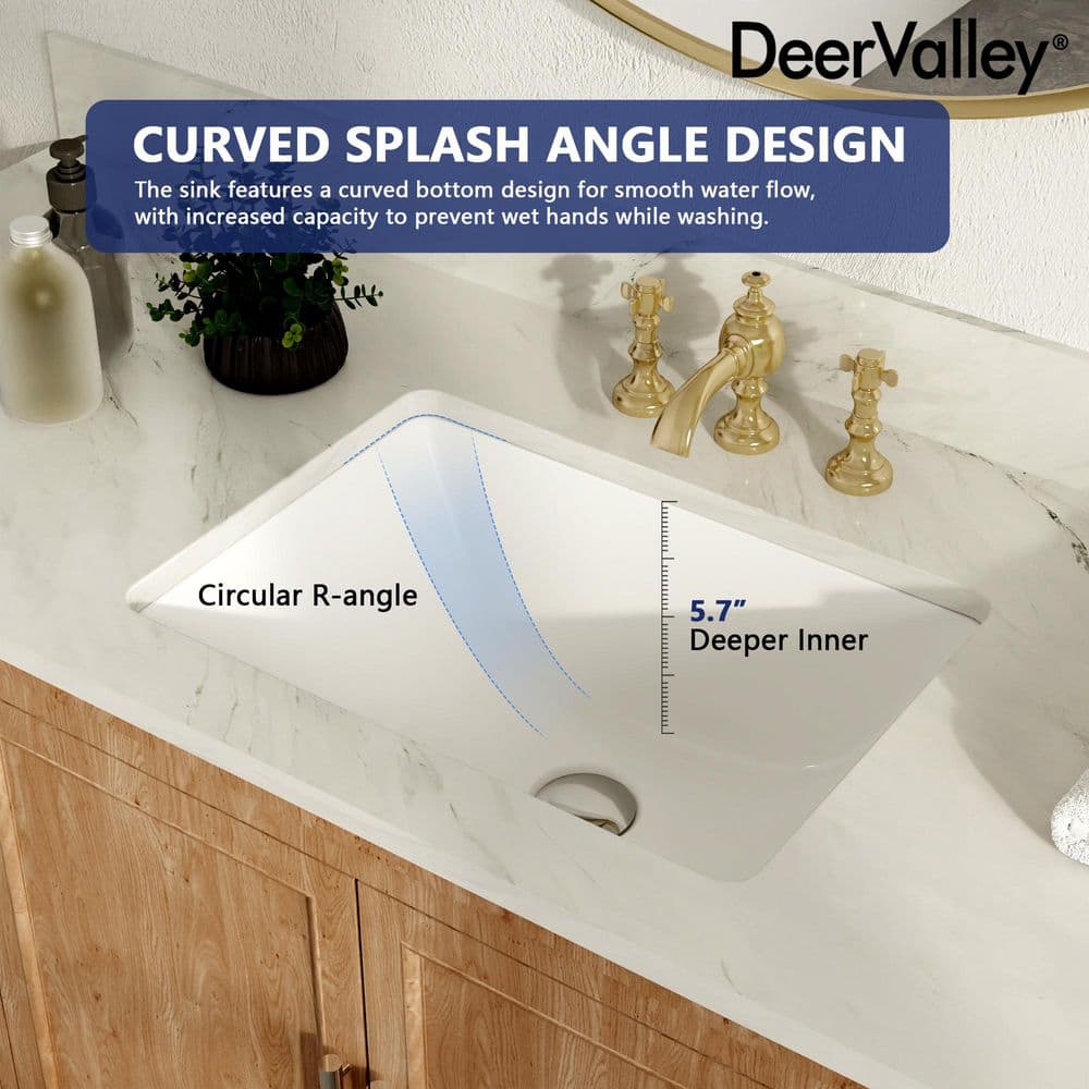 White Ceramic Rectangular Undermount Bathroom Sink with Overflow