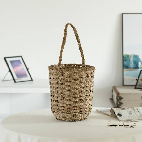 Vintiquewise Straw Decorative Round Beige Storage Basket with