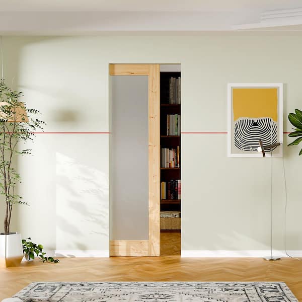 30 in. x 80 in. Full Lite, Frosted Glass, Solid Wood, DIY Painted, Light Brown, Primed Sliding Door with All Hardware