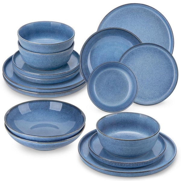 16-Piece Blue Stoneware Dinnerware Set (Service for 4) Glazed Tableware Set with Bowls and Plates for Kitchen Dining