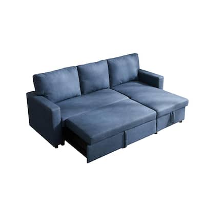 Comfortable 52 in. Blue Polyester L shape Sectional Sofa Bed 3 Seats Sofa with Chaise Lounge and Storage Function