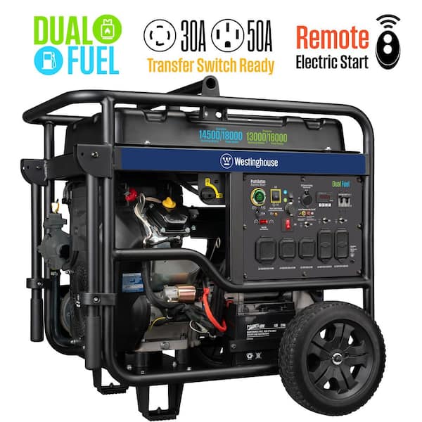 18,000/14,500-Watt Dual Fuel Gas and Propane Portable Generator with Remote Electric Start, Low THD, and 50 Amp Outlet
