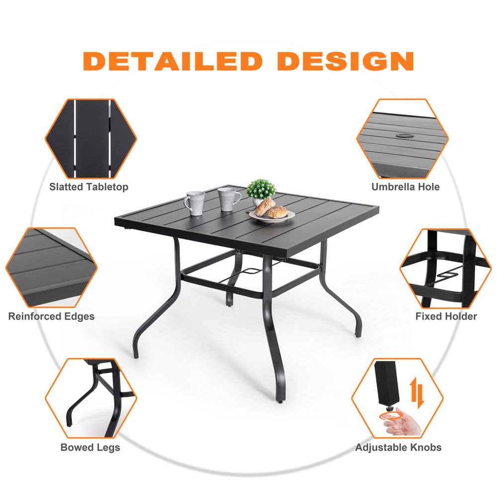 Black Iron 5-Piece Square Outdoor Dining Set with Umbrella Hole