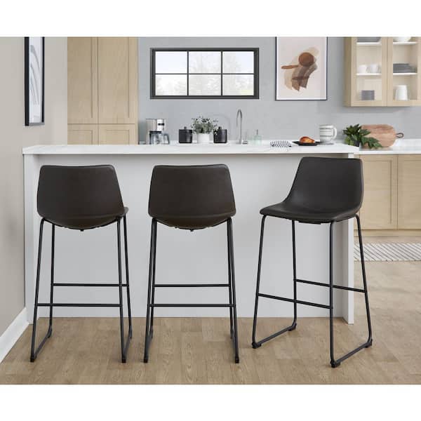Lumisource Duke 30 in. Black Metal and Grey Faux Leather Fixed-Height Barstool