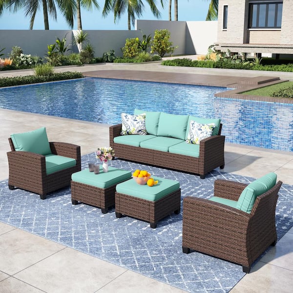 PHI VILLA Dark Brown Rattan Wicker 7 Seat 5-Piece Steel Outdoor Patio Conversation Set with Blue Cushions and 2 Ottomans