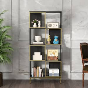 70.8 in. Tall Rustic Wood and Metal Frame 4-Shelf Etagere Bookcase for Living Room, Black and Gold