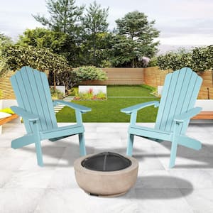 Lanier 3-Piece Lake Blue Recycled Plastic Patio Conversation Adirondack Chair Set with a Brown Wood-Burning Firepit