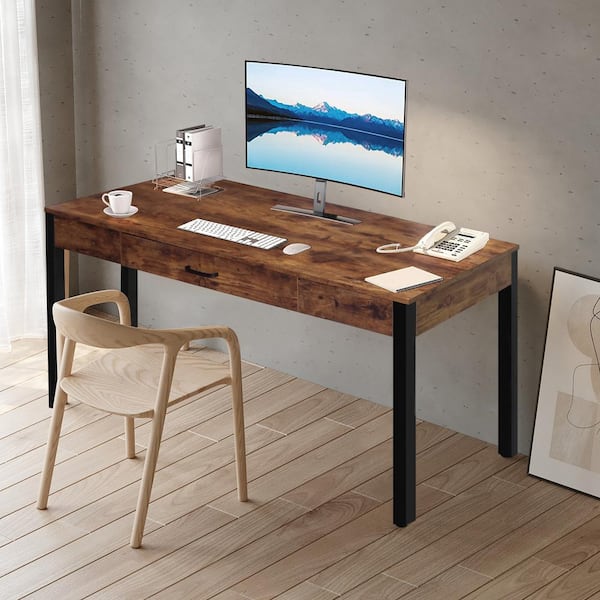 47.2 Rustic Wooden Natural & Black Office Desk with Drawers & Metal Legs