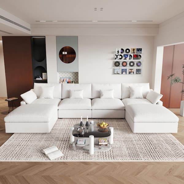 Modular Large 156 in. Flared Arm 6-Piece U-shaped Linen Cloud Couch Convertible Sectional Sofa in White with Ottomans