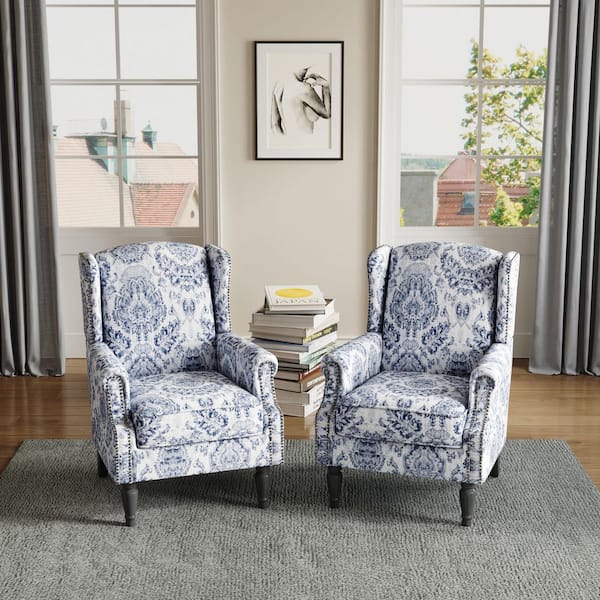 Uixe Navy Blue Floral Pattern Linen Upholstered High Back Accent