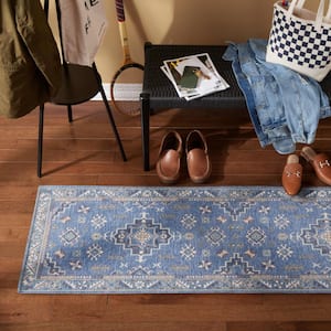 Luxe Livie Forever Vintage Blue Ivory 24 in. x 72 in. Machine Washable Runner Kitchen Mat