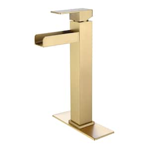 Single Handle Vessel Sink Faucet Single Hole Bathroom Faucet with Waterfall and Deck Plate in Brushed Gold