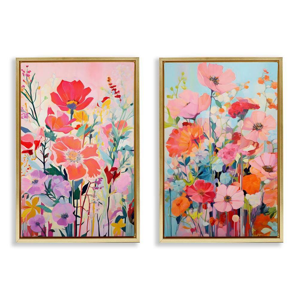 Bright Contemporary Flowers by LSR Design Studio 2-Pieces Gold Floater Frame Nature Graphic Art Print 31 in. x 21 in.