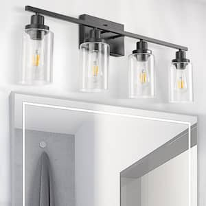 32 in. 4-Light Industrial Matte Black Vanity Light Fixture for Indoor Bathroom Powder Room with Clear Glass Shade