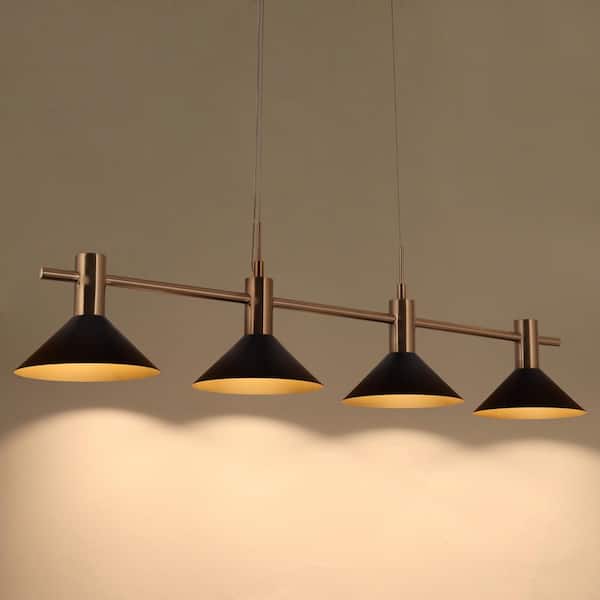 Zevni 38 in. Modern 21-Watt Black 4-Light Integrated LED Island Chandelier, Brass Gold Pendent Light Linear Hanging Light