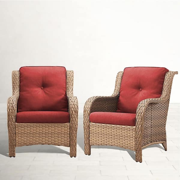 Opohoro ArcoBay Metal and Yellow Wicker Outdoor Lounge Chair with Olefin Red Cushions (2-Pack)