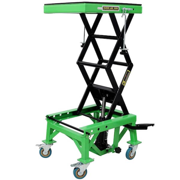 Green 300 lb. Capacity Steel Hydraulic Hand Truck with Wheels and Jack Lift Foot Step Device