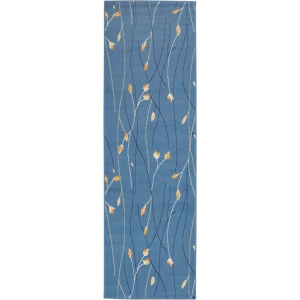 Nourison Grafix Light Blue 2 ft. x 8 ft. Floral Contemporary Kitchen Runner Area Rug