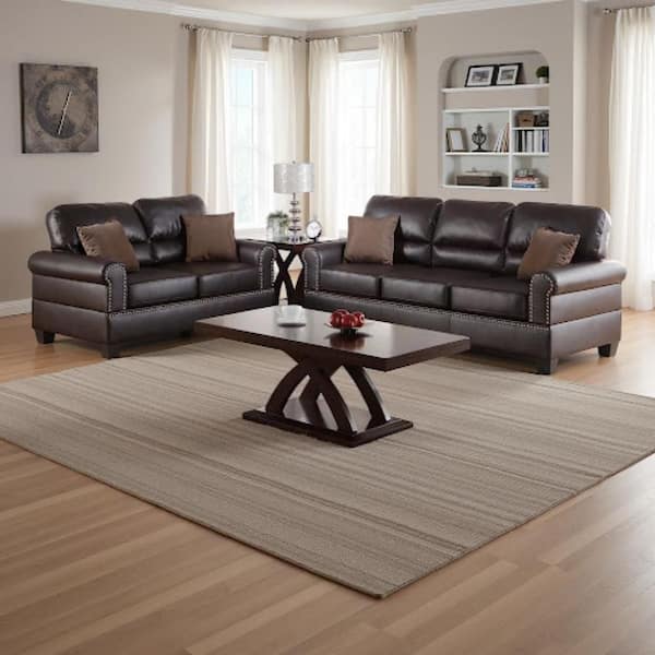 57 in. Round Arm 2-Piece 4-Seater Sofa Set in Brown
