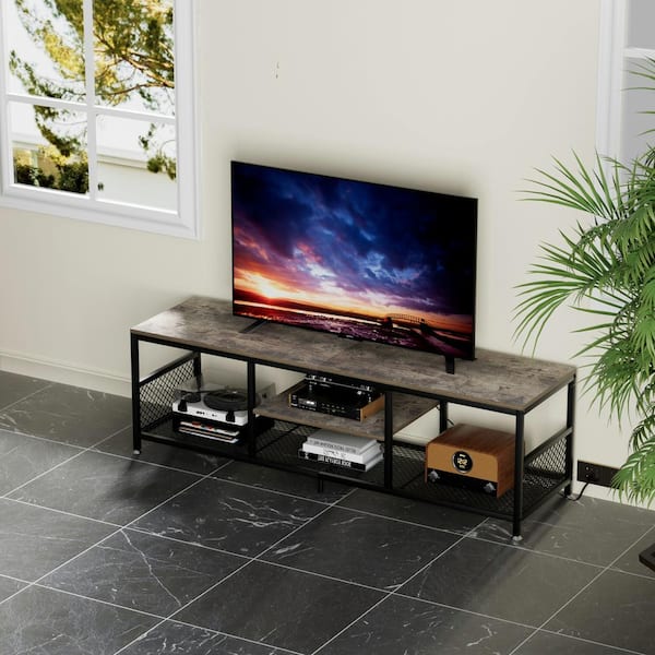 TV Stand with Power Outlets for Televisions up to 70", 62" Media Entertainment Center with 3-Tier Open Shelves Gray