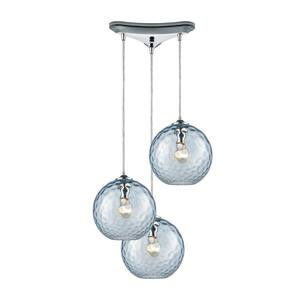Watersphere 3-Light Triangle Pan in Polished Chrome with Aqua Hammered Glass Pendant
