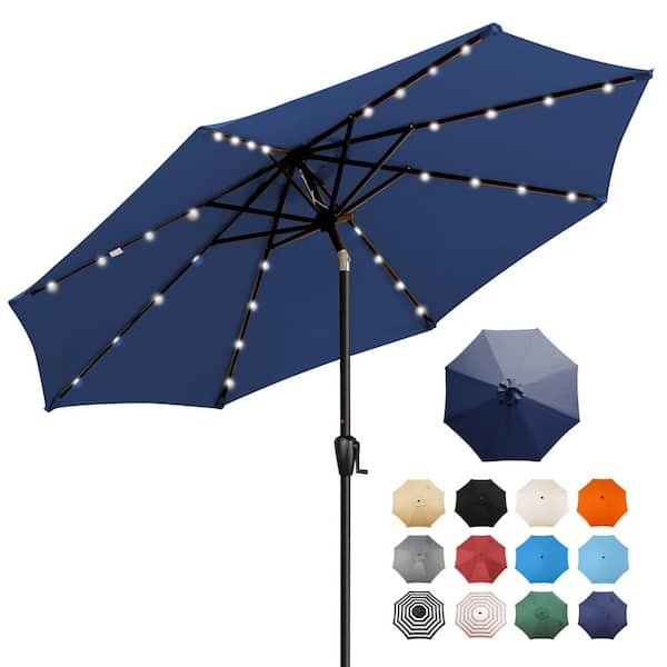 9 ft. Steel Round Market Solar Lighted Patio Umbrella with 8-Rib, 32-LED in Navy