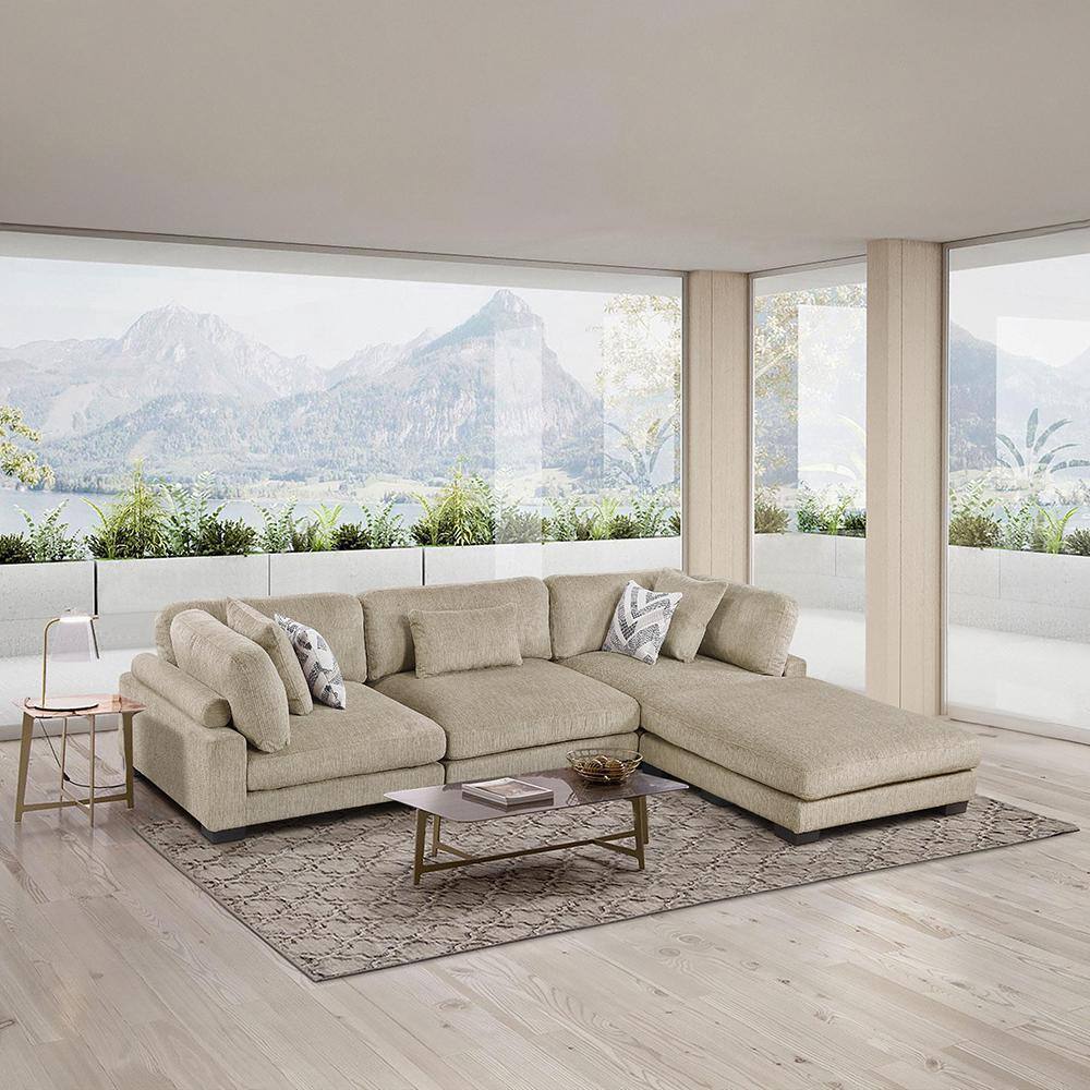 Beane 135 in. Pillow Top Arm 4-Piece Textured Microfiber Modular Sectional Sofa in. Brown with Ottoman