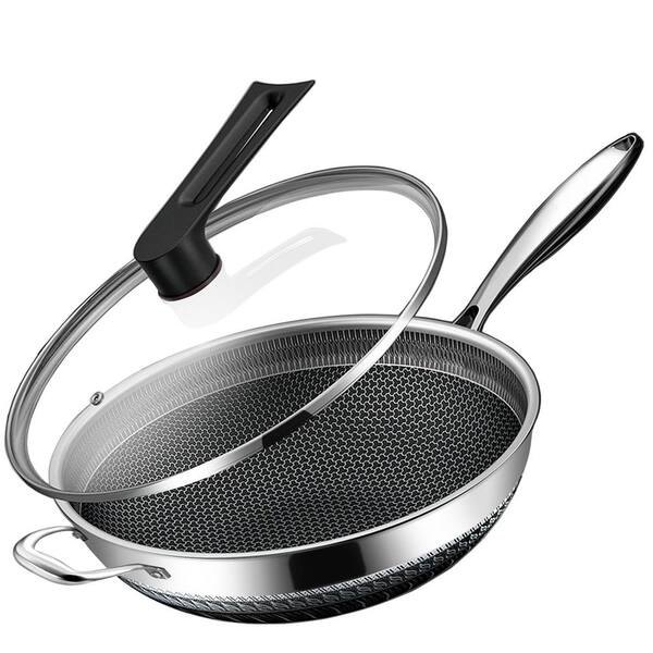 Large 14.5 in. Silver Stainless Steel Non-Stick Induction Wok, Dishwasher Oven Safe, Stay Cool Handle Skillet