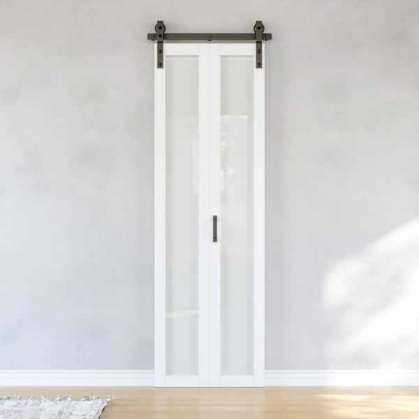 25 in. x 84 in. 1-Lite Frosted Glass White Finished Solid Core MDF Bi-Fold Door Style Barn Door with Hardware Kit