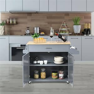 Rolling Kitchen Gray Island Cart Storage Cabinet with Towel and Spice Rack