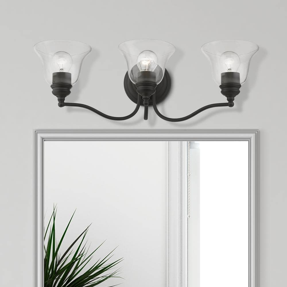 Moreland Transitional 3-Light Vanity Sconce in Black with Hand Blown Glass