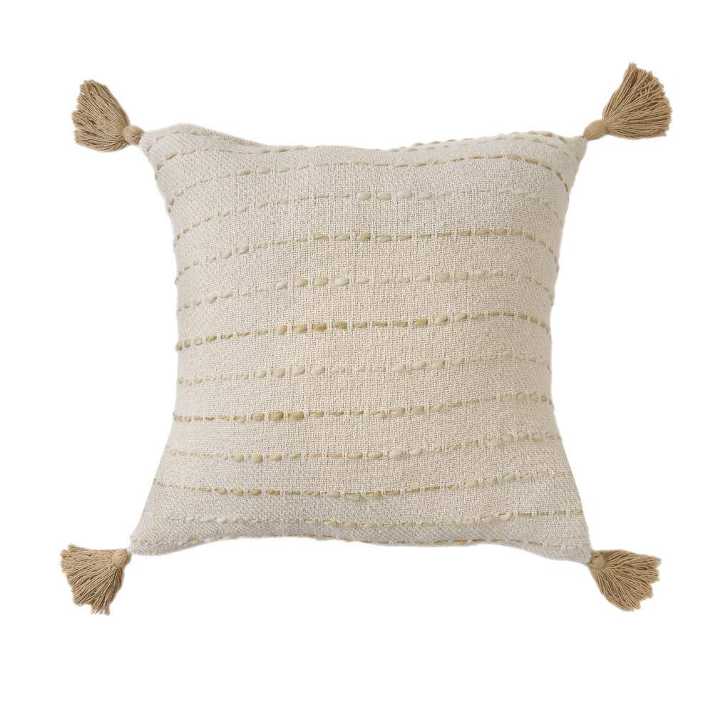 Beige Striped Hand-Woven Cotton Blend Square Throw Pillow