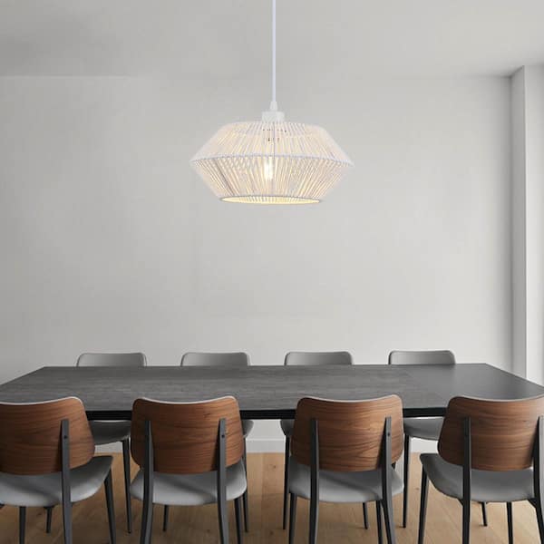 1-Light White Geometric Hanging Linear Chandelier Lighting with Hemp Rope Shade for Kitchen Island