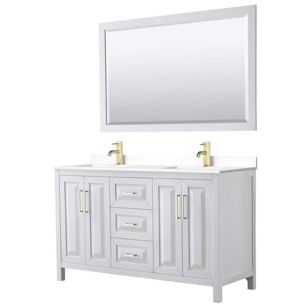Wyndham Collection Daria 60 in. W x 22 in. D x 35.75 in. H Double Sink Bath Vanity in White with White Cultured Marble Top & 58 in. Mirror