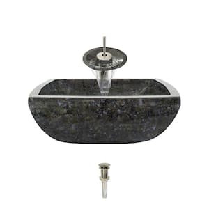 Stone Vessel Sink in Butterfly Blue Granite with Waterfall Faucet and Pop-Up Drain in Brushed Nickel