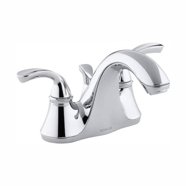 KOHLER Forte 4 in. Centerset 2-Handle Low-Arc Water-Saving Bathroom Faucet in Polished Chrome with Sculpted Lever Handles