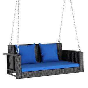 48 in. 2-Person Black Wicker Porch Swing with Blue Cushions, 140 in. L Adjustable Chains, Patio Swing for Outdoors