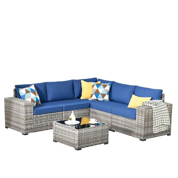 Baldwin Gray 6-Piece Wicker Wide Arm Outdoor Patio Conversation Sofa Sectional Seating Set with Navy Blue Cushions