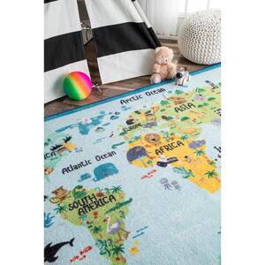 Animal World Map Playmat Baby Blue 4 ft. x 6 ft. Area Rug