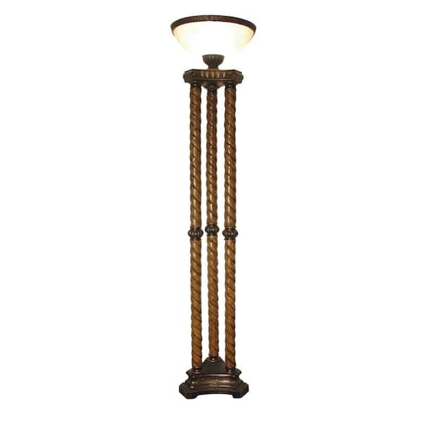 Absolute Decor 71 in. Oak and Gold 3 Column Torchiere with Glass Globe-DISCONTINUED