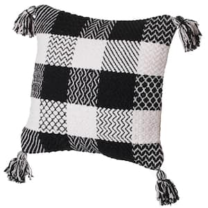 16 in. x 16 in. Black and White Handwoven Cotton Throw Pillow Cover with Patterned Gingham Design and Tasseled Corners