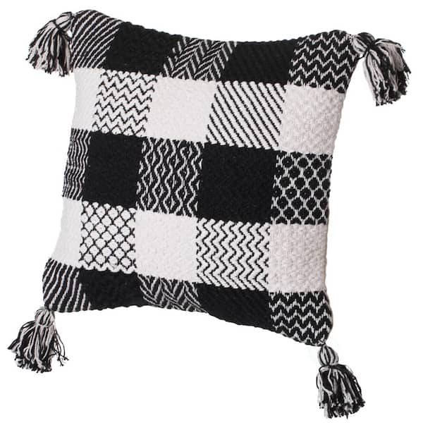 DEERLUX 16 in. x 16 in. Black and White Handwoven Cotton Throw Pillow Cover with Patterned Gingham Design and Tasseled Corners