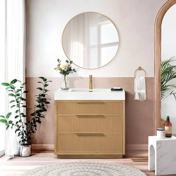 Hohhot 35.8 in. W x 19.7 in. D x 33.8 in. H Single Bath Vanity in Washed Ash Grey with White Engineered Stone Top