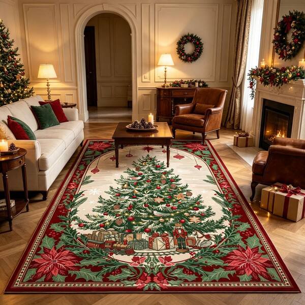 Red 10 x 13 ft. Vintage Christmas Tree Rug with Poinsettia Border Washable Non Slip Holiday Indoor Carpet