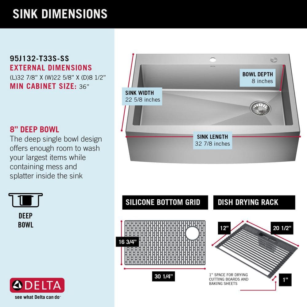 Delta 33-inch Stainless Steel Farmhouse Apron Front Single Bowl Sink