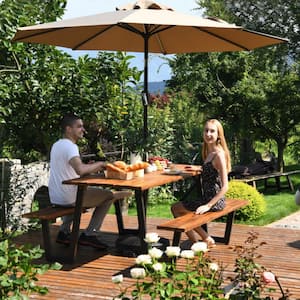 1-Piece Wood 70 in. L x 30 in. W Outdoor Dining Table Set with Seats and Umbrella Hole